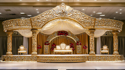 Obraz premium Ornate golden wedding stage with chairs and floral decorations.
