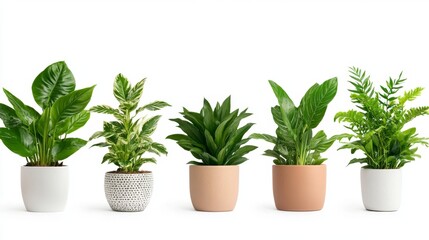 A vibrant set of indoor plants, including ferns, succulents, and peace lilies, isolated on a white background.