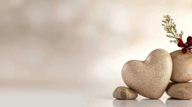 Heart shaped stone with smooth texture and flowers on reflective surface