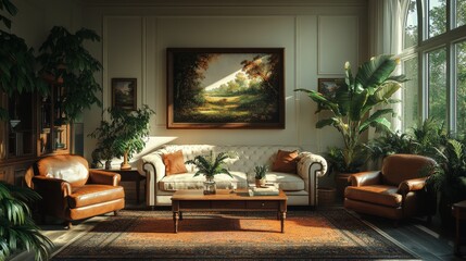 A modern office lounge featuring leather chairs, a warm setting, and lush indoor plants for a professional vibe.