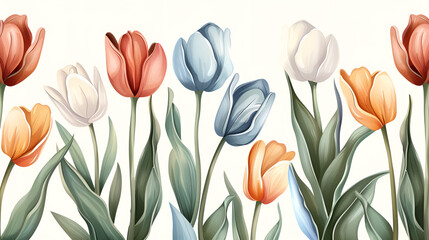 Obraz premium Detailed illustration of colorful tulips with lush green leaves on a light background
