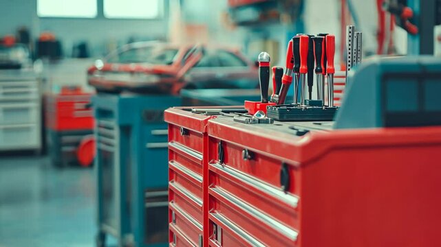 Working tools and equipment in a well-organized workshop highlighting red toolboxes and various hand tools
