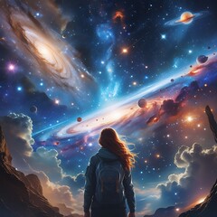  Astronaut Exploring a Cosmic Landscape with Galaxies and Planets