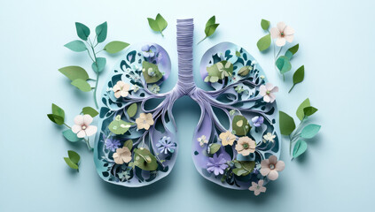 Lungs are designed using various shades of paper, intricately showcasing flowers and leaves, creating a visual representation of health
