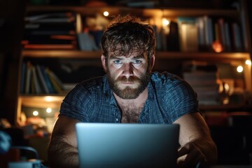 An intense study session is portrayed with a bearded man focused on his laptop, illuminated by soft light, encapsulating the determination and effort behind mastering skills.