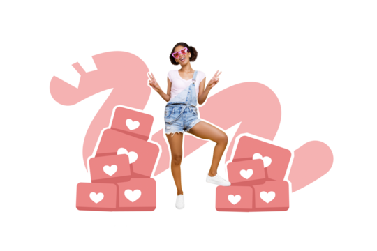 Creative trend collage of charming energetic positive young girl influencer blogger piles social media notifications hearts reactions