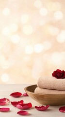 Elegant Spa Setting with Soft Towels, Rose Flower, and Petals on a Simple Background for Relaxation and Wellness Themes