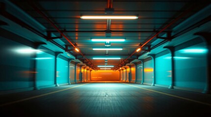 Fototapeta premium Realistic Garage Underground Lights Hallway Tunnel Corridor Sci Fi, Futuristic Dark Parking 