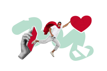 Composite collage image of energetic positive superman holding heart icon sigh big hand hold phone social media blogger notification