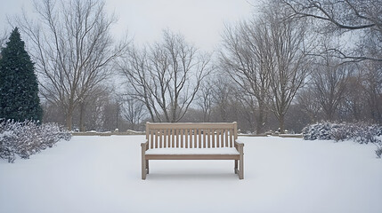 Tranquil Serenity: Snow-Covered Wooden Bench in a Peaceful Winter Wonderland Park