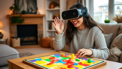 Woman Playing Virtual Reality Board Game at Home