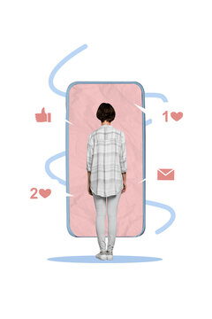 Vertical creative collage image of little young woman addicted blogger influencer obsession social media notification smartphone screen