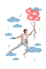 Creative 3d collage artwork poster of happy girl hold facebook instagram likes dream million followers isolated on painting background