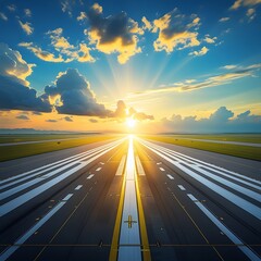 Sunrise Airport Runway with Airplanes Preparing for Takeoff