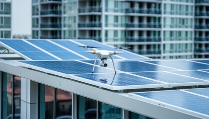 Drone Inspection of Solar Panels on a Modern Building Rooftop