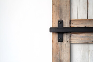 Minimalist wooden door with a flat surface made of reclaimed wood showcasing natural imperfections and texture The door handle is a simple black bar set against a white background
