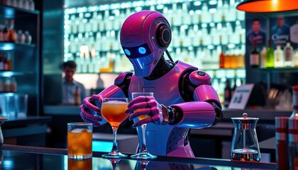 Futuristic Bartender: A Robot Mixologist Creates Cocktails in a Neon-Lit Bar