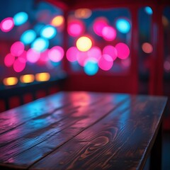  Moody Wooden Table with Neon Bokeh Background