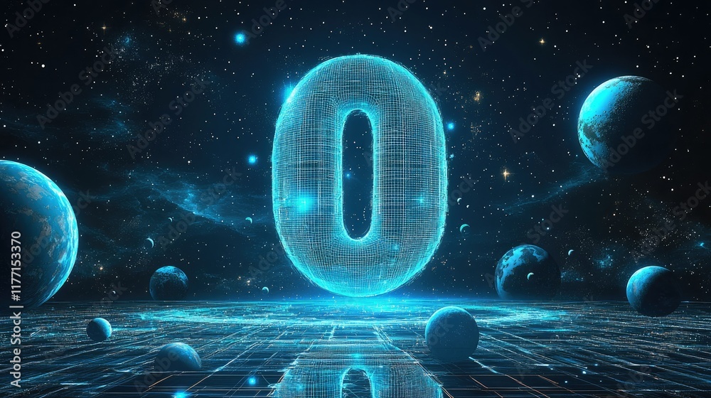 Wall mural abstract image of a number zero in the form of a starry sky or space, consisting of points, lines, a