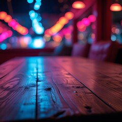  Moody Wooden Table with Neon Bokeh Background