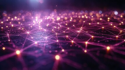 Glowing network connecting points of light on dark background with bokeh effect for digital communication visualization