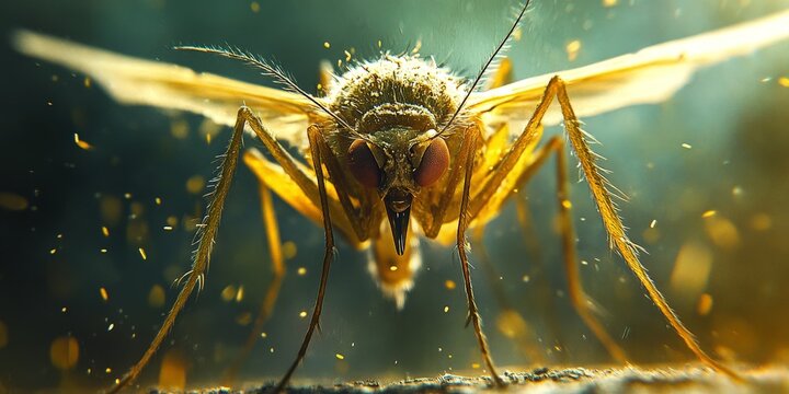 A detailed macro shot of a mosquito feeding on human skin, representing disease transmission and environmental awareness, suitable for educational and scientific use.