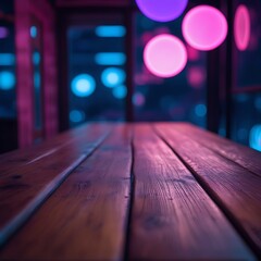  Moody Wooden Table with Neon Bokeh Background