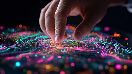 close up of hand interacting with colorful digital map, showcasing vibrant data points and lines. image conveys sense of technology and innovation
