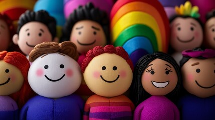 Close-up of cheerful dolls representing diversity with a rainbow in the background.