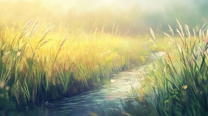 Serene Streamside Meadow: A Digital Painting of Tranquil Nature