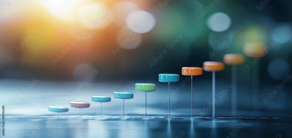 Poster the image shows a series of colorful, ascending circular objects on a surface, symbolizing progress 