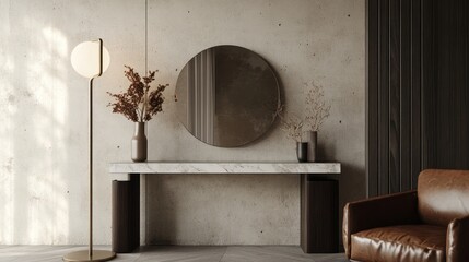 Minimalist modern entryway with marble console table, round mirror, and leather armchair.