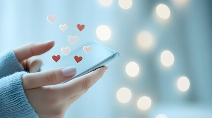 Hands holding a smartphone releasing red and white hearts into a glowing, soft background. Suitable for romantic branding, tech-related love stories, or digital greeting visuals. Selective focus