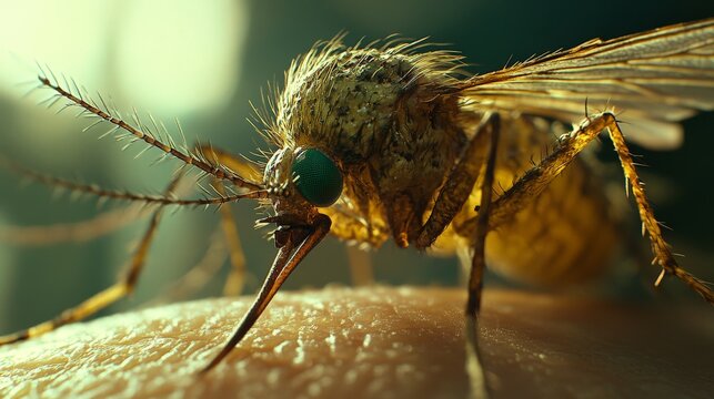 A detailed macro shot of a mosquito feeding on human skin, representing disease transmission and environmental awareness, suitable for educational and scientific use.