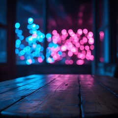  Moody Wooden Table with Neon Bokeh Background