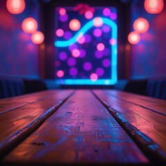 Moody Wooden Table with Neon Bokeh Background