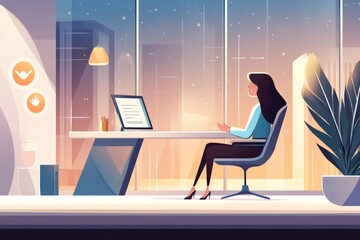 Professional woman in modern office setting, planning strategy with laptop, elegant interior design, evening cityscape backdrop, focused atmosphere