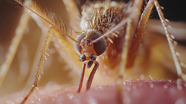 A detailed macro shot of a mosquito feeding on human skin, representing disease transmission and environmental awareness, suitable for educational and scientific use.