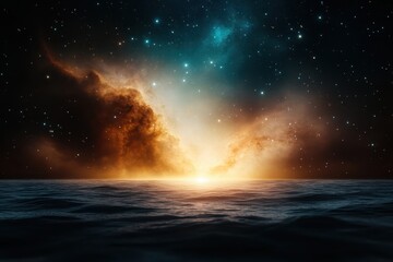 Fototapeta premium A mesmerizing cosmic scene unfolds above tranquil ocean waves, showcasing an explosion of color and light as dawn breaks, hinting at the limitless universe beyond.