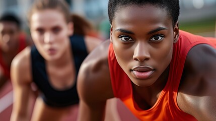 Focused female sprinter at the starting line, ready for a race, with blurred competitors in the background.