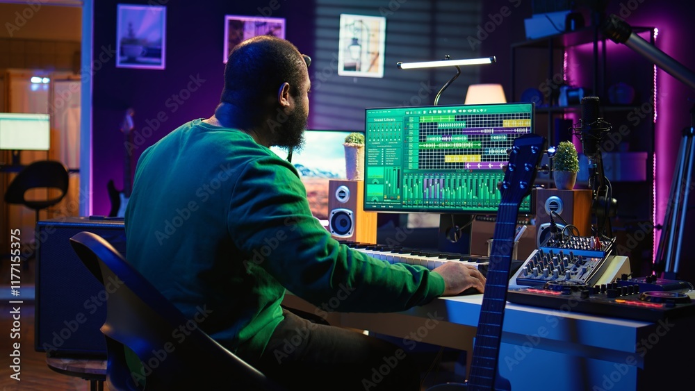 Poster musical producer prepares to record tunes on acoustic instrument, working in personal home studio to
