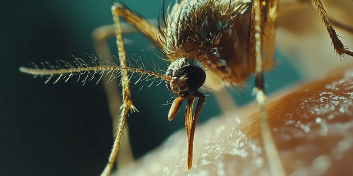 A detailed macro shot of a mosquito feeding on human skin, representing disease transmission and environmental awareness, suitable for educational and scientific use.