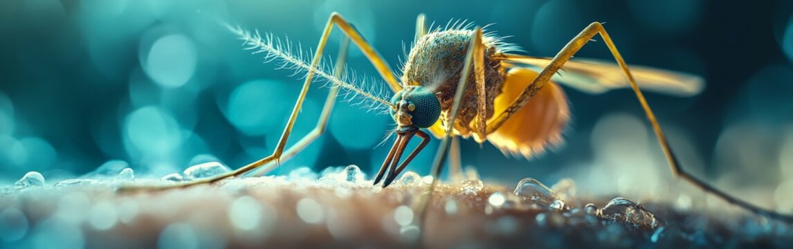 A detailed macro shot of a mosquito feeding on human skin, representing disease transmission and environmental awareness, suitable for educational and scientific use.