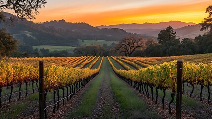 Naklejka premium Sunset over vineyard rows in valley.