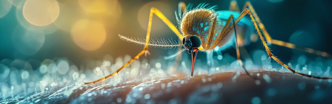 A detailed macro shot of a mosquito feeding on human skin, representing disease transmission and environmental awareness, suitable for educational and scientific use.