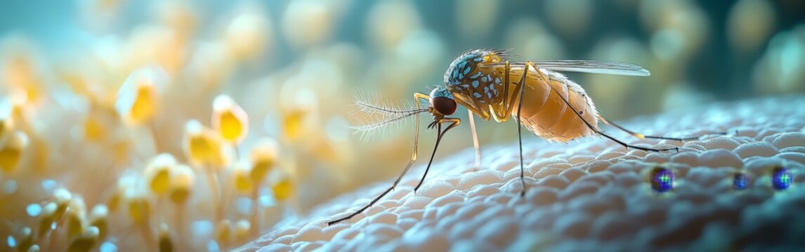 A detailed macro shot of a mosquito feeding on human skin, representing disease transmission and environmental awareness, suitable for educational and scientific use.