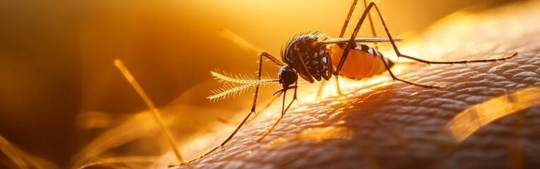Fototapeta premium A detailed macro shot of a mosquito feeding on human skin, representing disease transmission and environmental awareness, suitable for educational and scientific use.
