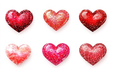 Fototapeta premium collection of glamour red shimmering hearts with glitter effect texture isolated on white background, valentines day design element