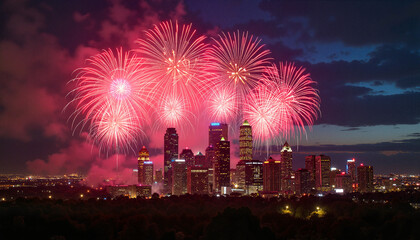 Fototapeta premium Fireworks lighting up city skyline at night