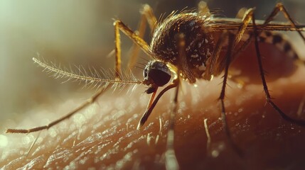 A detailed macro shot of a mosquito feeding on human skin, representing disease transmission and environmental awareness, suitable for educational and scientific use.